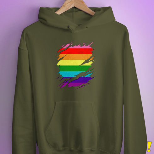 Original Gilbert Baker LGBTQ Gay Pride Flag Ripped Reveal Hoodie - Army